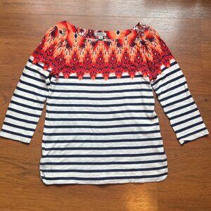 Lucky Brand Tee Women XS White Blue Stripe Red Print